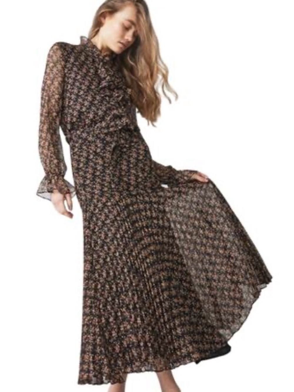 Bardot Dallas Floral Long Sleeve V Neck Dress Black/Orange Maxi Dress